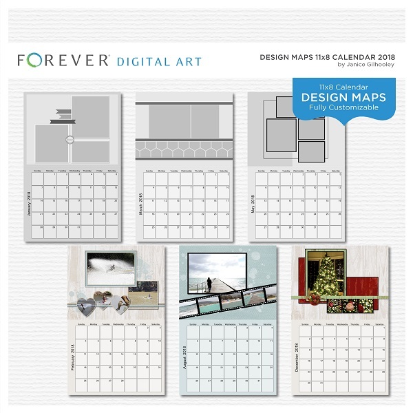 Forever Design Maps 11x8.5 Calendar 2018 Digital Art - Digital Scrapbooking Kits