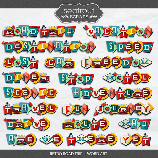 Retro Road Trip Word Art Digital Art - Digital Scrapbooking Kits