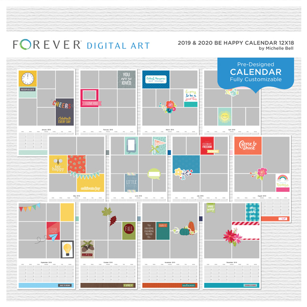 2019 & 2020 Be Happy Calendar 12x18 Digital Art - Digital Scrapbooking Kits