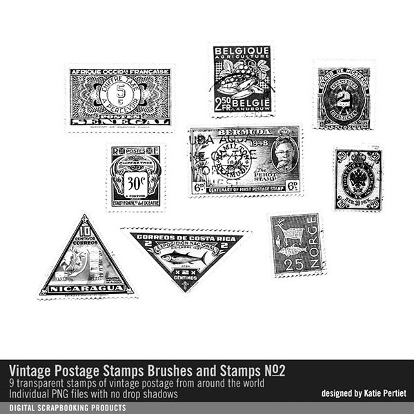 Vintage Postage Stamps Brushes and Stamps No. 02 Digital Art - Digital Scrapbooking Kits