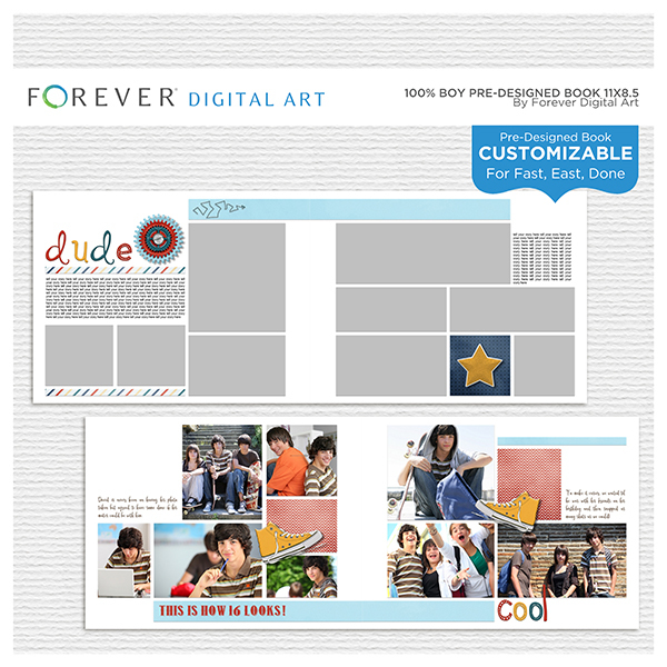 100% Boy Pre-designed Book 11x8.5 Digital Art - Digital Scrapbooking Kits