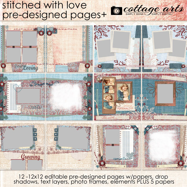 Stitched with Love Pre-designed Pages Digital Art - Digital Scrapbooking Kits