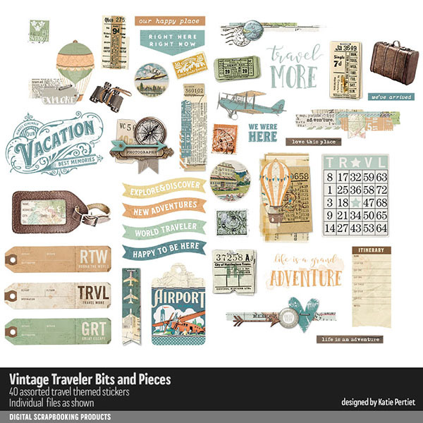 Vintage Traveler Bits and Pieces Digital Art - Digital Scrapbooking Kits