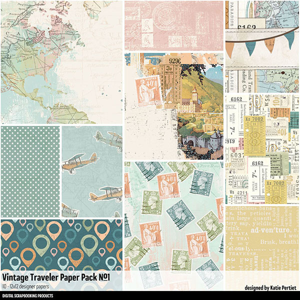 Vintage Traveler Paper Pack No. 01 Digital Art - Digital Scrapbooking Kits