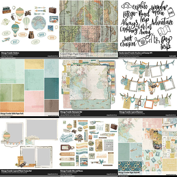 Vintage Traveler Scrapbooking Bundle Digital Art - Digital Scrapbooking Kits