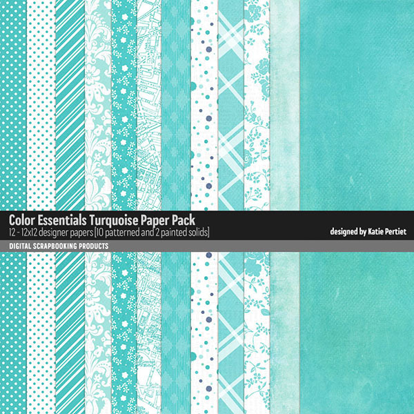 Color Essentials Turquoise Paper Pack Digital Art - Digital Scrapbooking Kits
