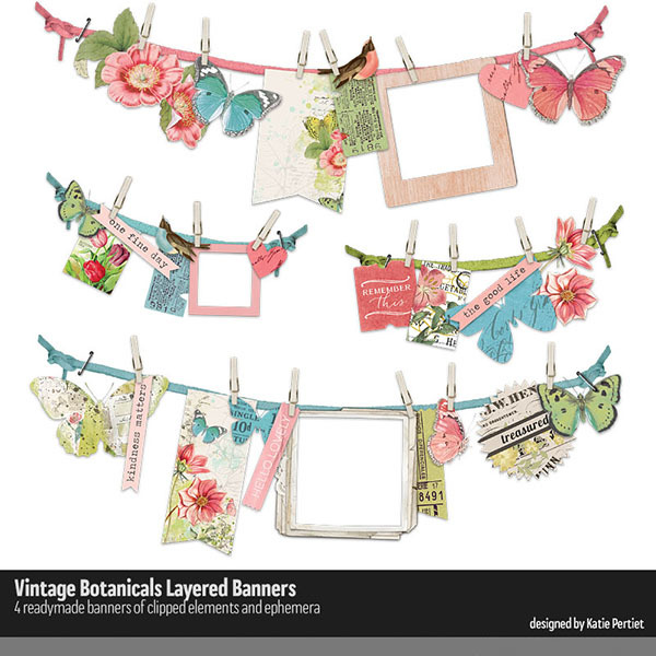 Vintage Botanicals Layered Banners Digital Art - Digital Scrapbooking Kits