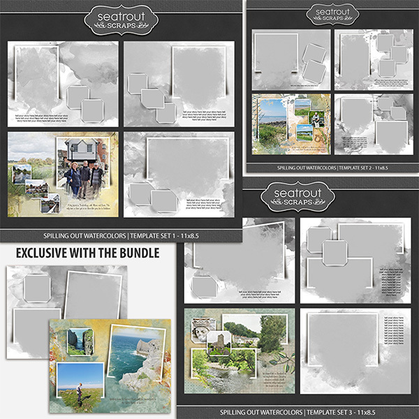 Spilling Out Watercolors Bonus Bundle - 11x8.5 Digital Art - Digital Scrapbooking Kits