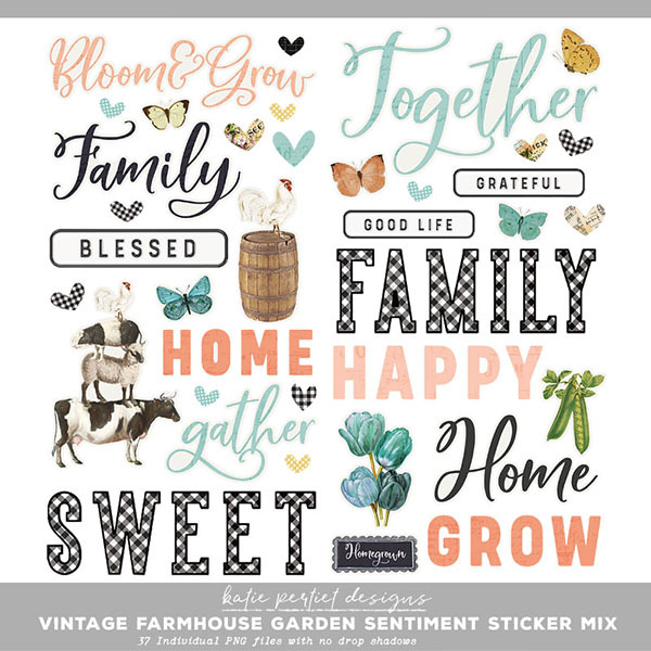 Vintage Farmhouse Garden Sentiment Sticker Mix Digital Art - Digital Scrapbooking Kits