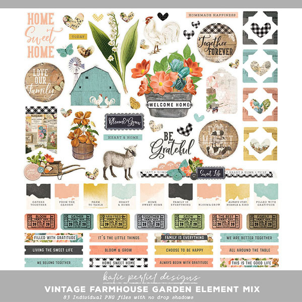 Vintage Farmhouse Garden Element Mix Digital Art - Digital Scrapbooking Kits
