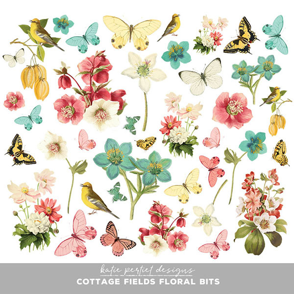 Cottage Fields Floral Bits Digital Art - Digital Scrapbooking Kits