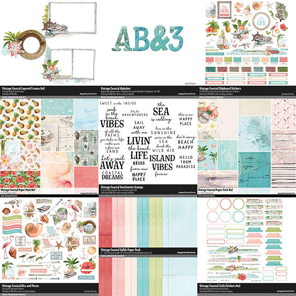 Vintage Coastal Scrapbooking Bundle Digital Art - Digital Scrapbooking Kits