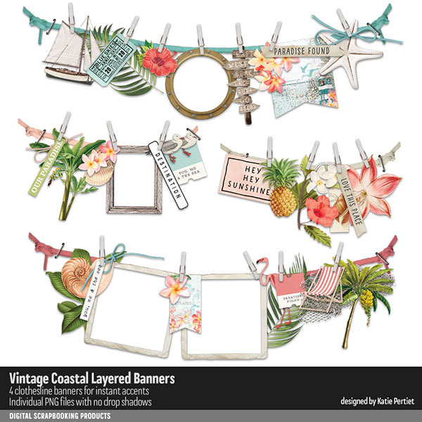 Vintage Coastal Layered Banners Digital Art - Digital Scrapbooking Kits