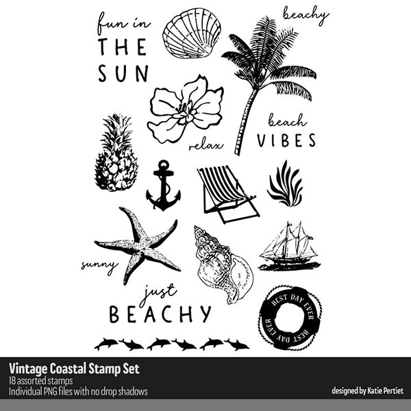 Vintage Coastal Stamp Set Digital Art - Digital Scrapbooking Kits