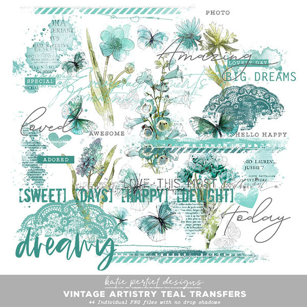 Vintage Artistry Teal Transfers Digital Art - Digital Scrapbooking Kits