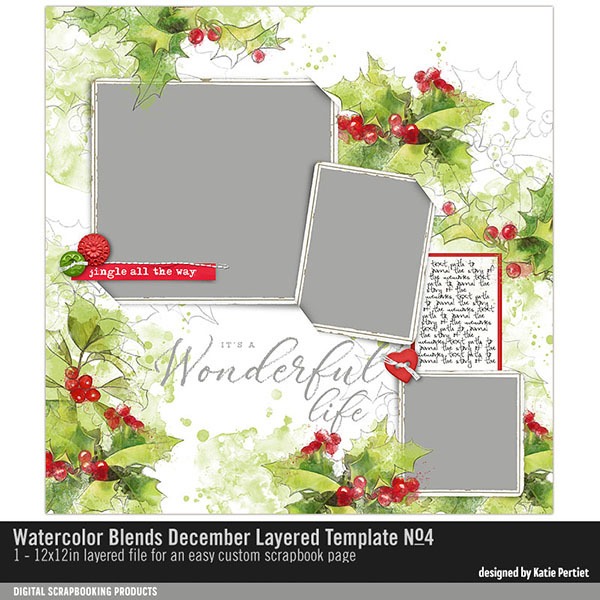 Watercolor Blends December Layered Template 04 Digital Art - Digital Scrapbooking Kits