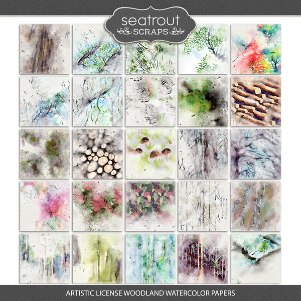 Artistic License Woodland Watercolor Papers Digital Art - Digital Scrapbooking Kits