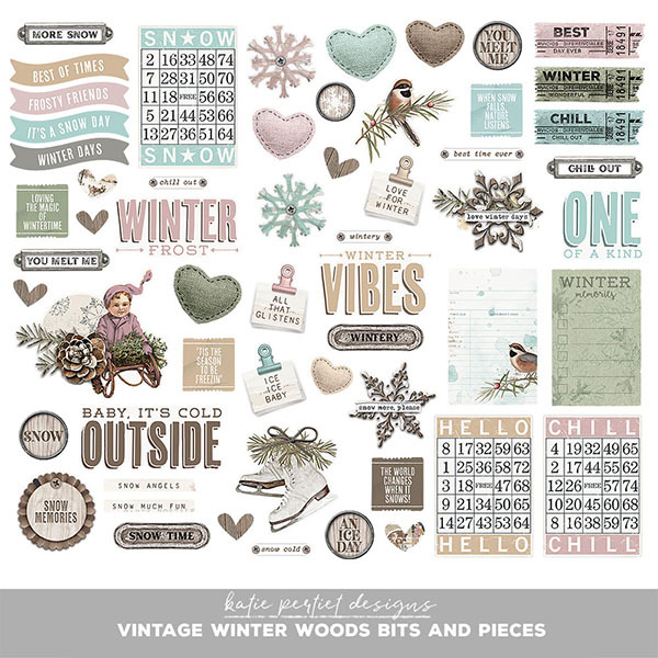 Vintage Winter Woods Bits and Pieces Digital Art - Digital Scrapbooking Kits