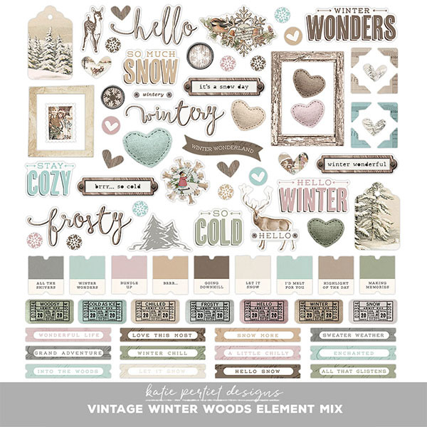 Vintage Winter Woods Element Mix Digital Art - Digital Scrapbooking Kits