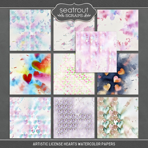 Artistic License Hearts Watercolor Papers Digital Art - Digital Scrapbooking Kits