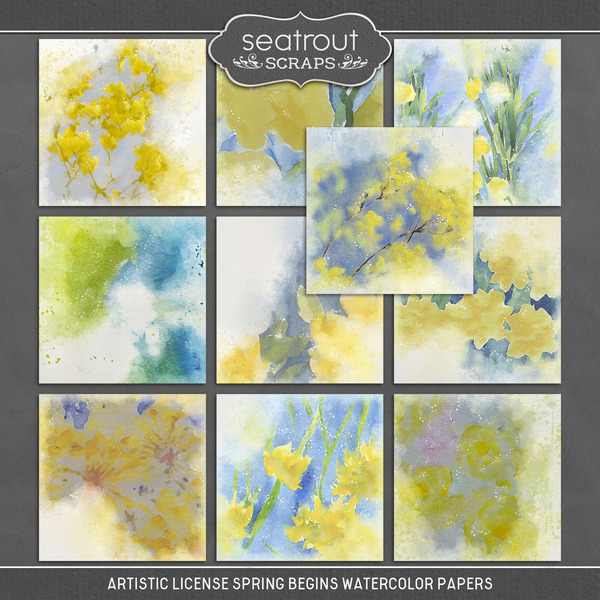Artistic License Spring Begins Watercolor Papers Digital Art - Digital Scrapbooking Kits