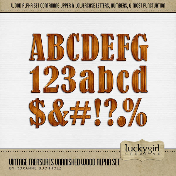 Vintage Treasures Varnished Wood Alpha Set Digital Art - Digital Scrapbooking Kits