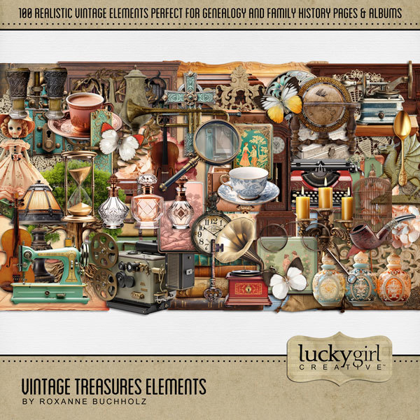 Vintage Treasures Elements Digital Art - Digital Scrapbooking Kits