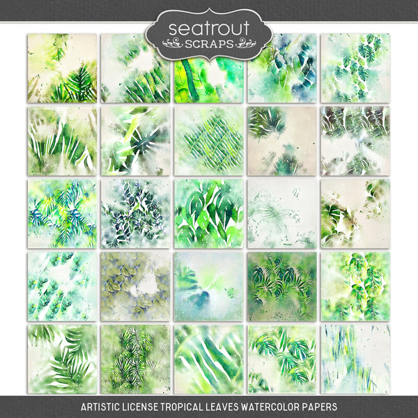 Artistic License Tropical Leaves Watercolor Papers Digital Art - Digital Scrapbooking Kits