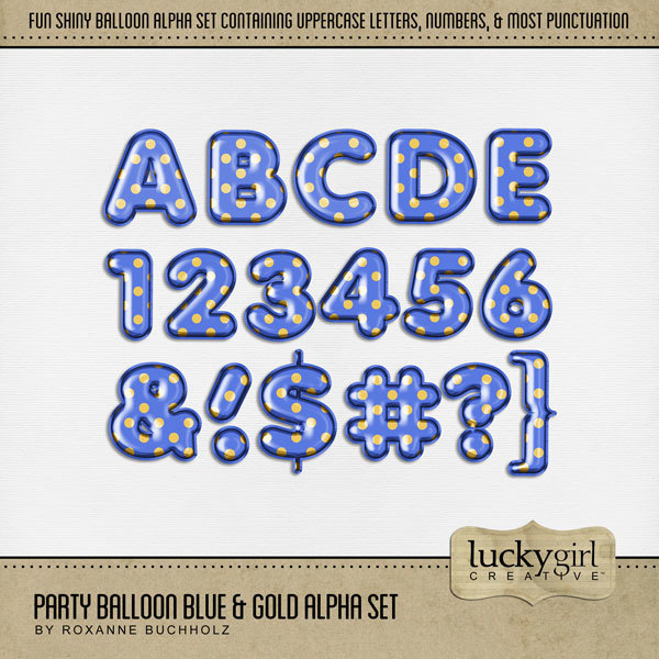 Party Balloon Blue & Gold Alpha Set Digital Art - Digital Scrapbooking Kits