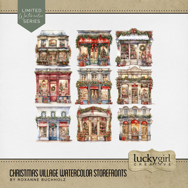 Christmas Village Watercolor Storefronts Digital Art - Digital Scrapbooking Kits