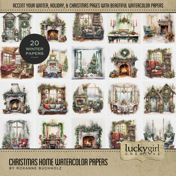 Christmas Home Watercolor Papers Digital Art - Digital Scrapbooking Kits