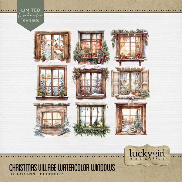 Christmas Village Watercolor Windows Digital Art - Digital Scrapbooking Kits
