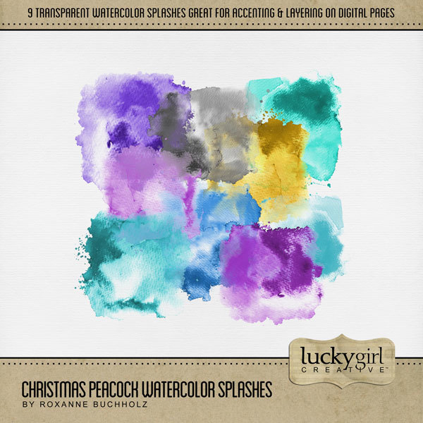 Christmas Peacock Watercolor Splashes Digital Art - Digital Scrapbooking Kits