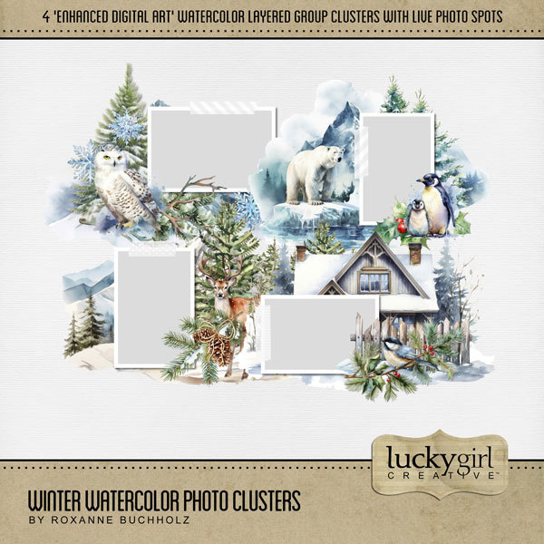 Winter Watercolor Photo Clusters Digital Art - Digital Scrapbooking Kits