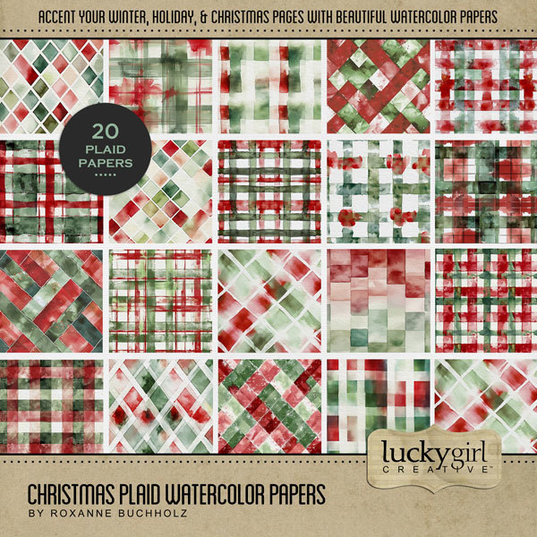 Christmas Plaid Watercolor Papers Digital Art - Digital Scrapbooking Kits