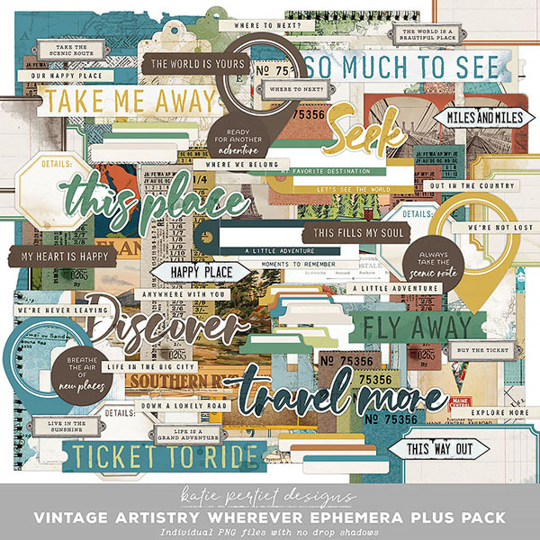Vintage Artistry Wherever Ephemera Plus Pack Digital Art - Digital Scrapbooking Kits