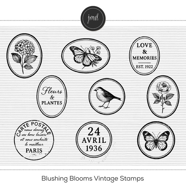 Blushing Blooms Vintage Stamps Digital Art - Digital Scrapbooking Kits