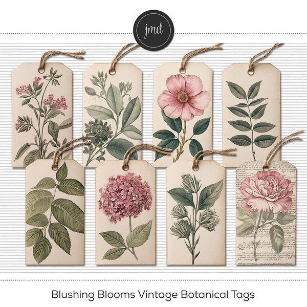 Blushing Blooms Vintage Botanical Tags Digital Art - Digital Scrapbooking Kits