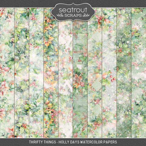 Thrifty Things - Holly Days Watercolor Papers Digital Art - Digital Scrapbooking Kits