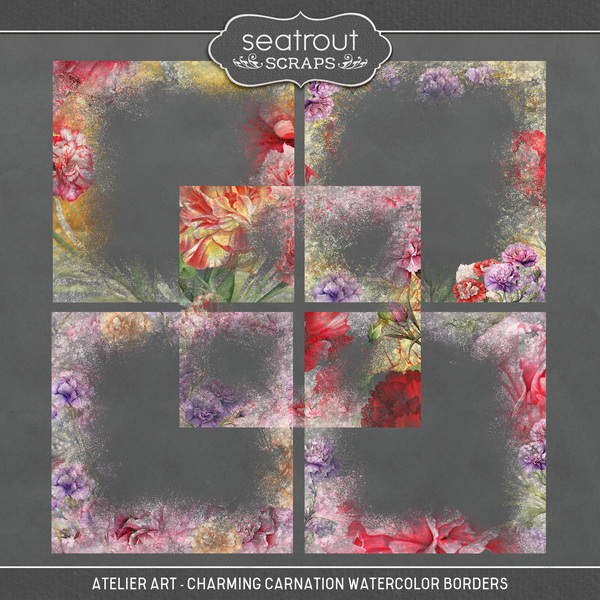 Atelier Art - Charming Carnation Watercolor Borders Digital Art - Digital Scrapbooking Kits