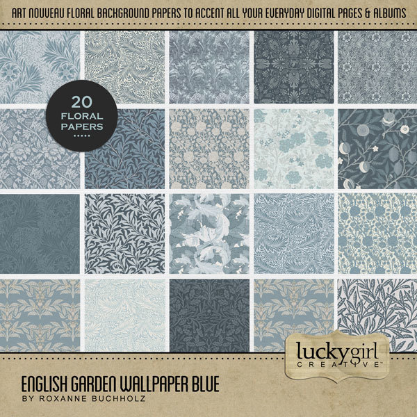 English Garden Wallpaper Blue Digital Art - Digital Scrapbooking Kits