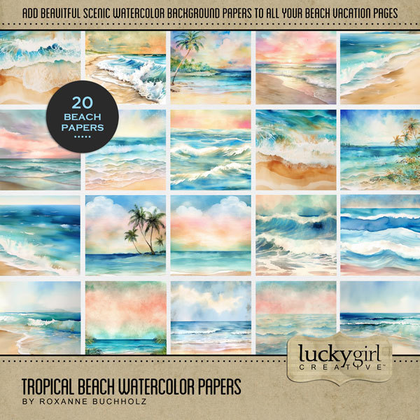 Tropical Beach Watercolor Papers Digital Art - Digital Scrapbooking Kits