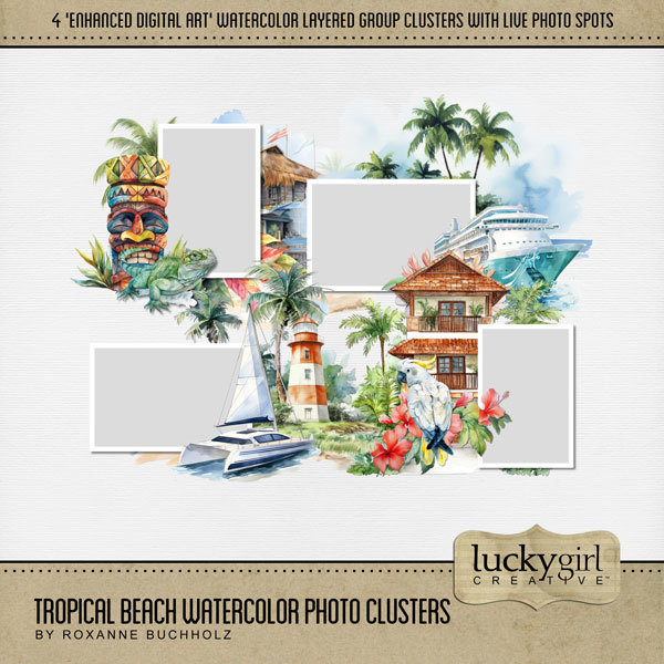 Tropical Beach Watercolor Photo Clusters Digital Art - Digital Scrapbooking Kits