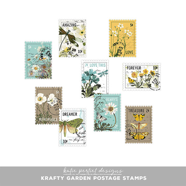 Krafty Garden Postage Stamps Digital Art - Digital Scrapbooking Kits