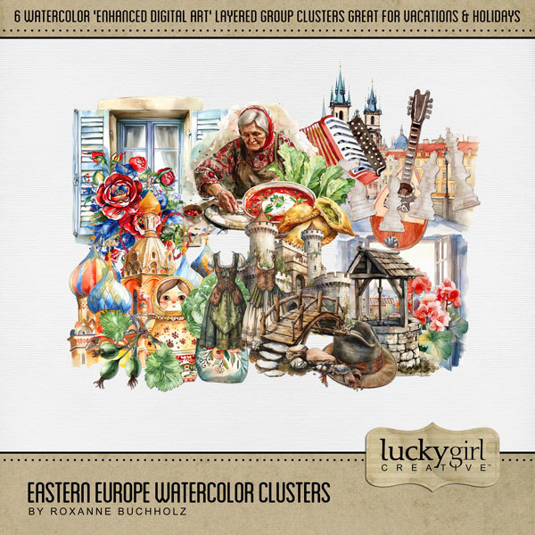 Eastern Europe Watercolor Clusters Digital Art - Digital Scrapbooking Kits