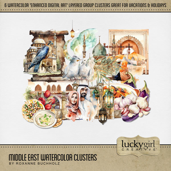 Middle East Watercolor Clusters Digital Art - Digital Scrapbooking Kits