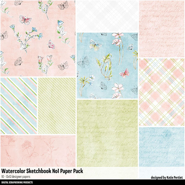 Watercolor Sketchbook 01 Paper Pack Digital Art - Digital Scrapbooking Kits