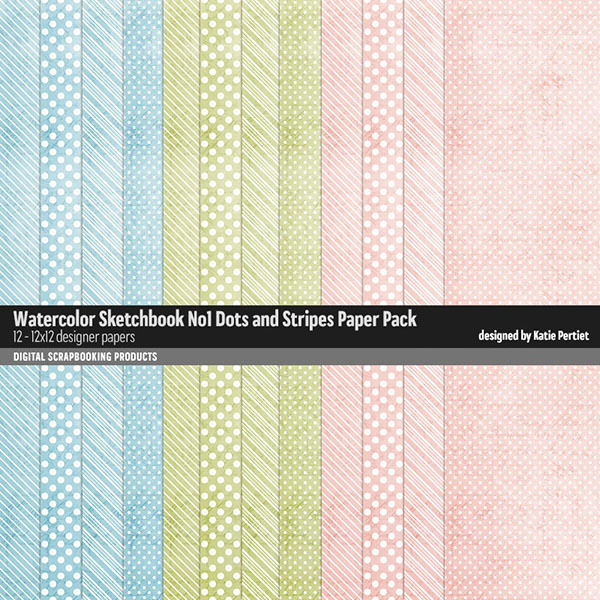 Watercolor Sketchbook 01 Dots and Stripes Paper Pack Digital Art - Digital Scrapbooking Kits