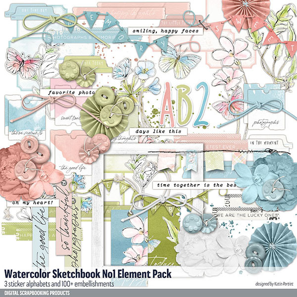 Watercolor Sketchbook No. 01 Element Pack Digital Art - Digital Scrapbooking Kits
