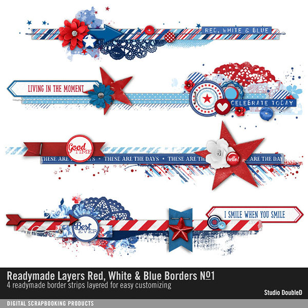 Readymade Layers Red, White and Blue Borders 01 Digital Art - Digital Scrapbooking Kits
